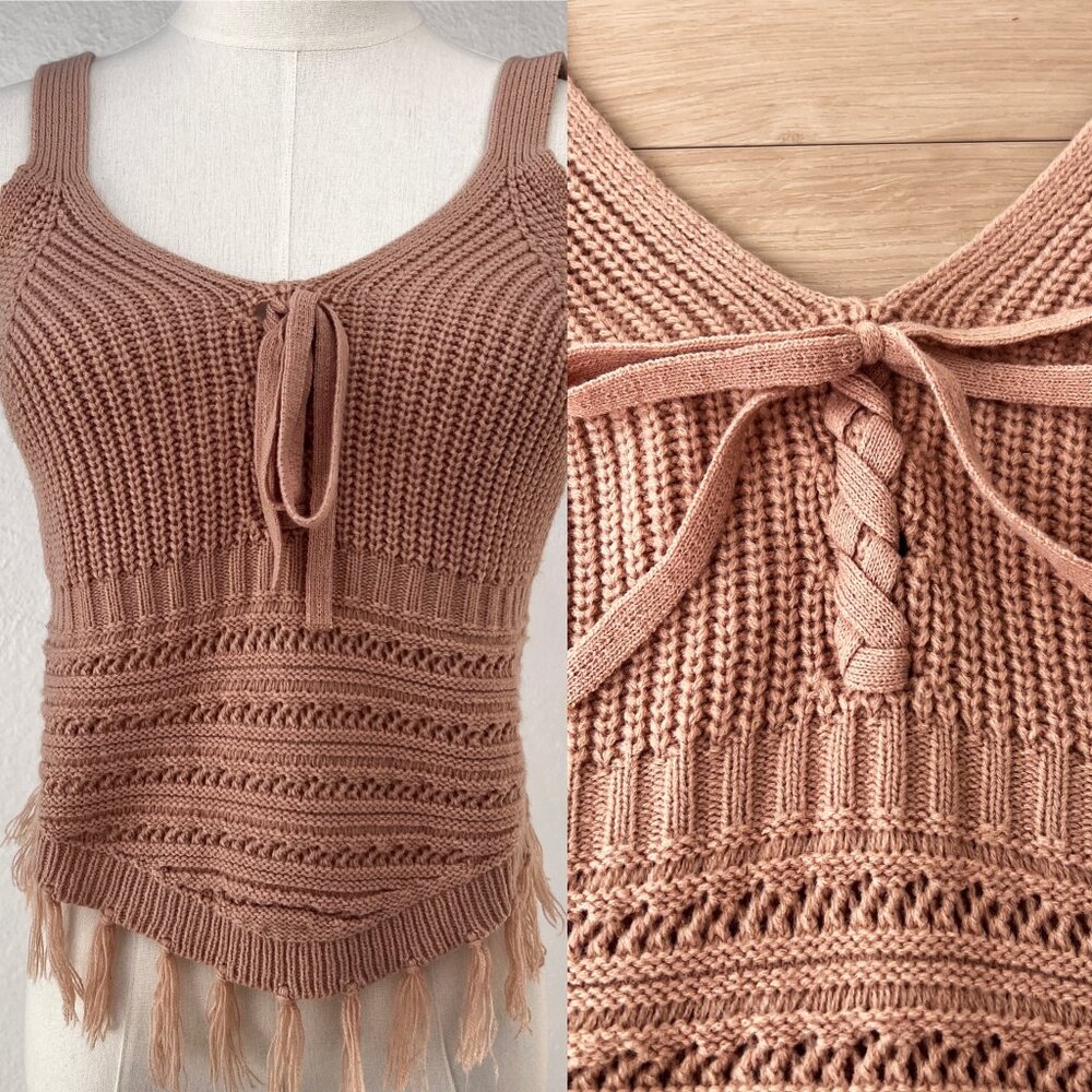 No Boundaries Beige Sweater Tank Top with Fringe Hem Junior's Size S / Retro 70s